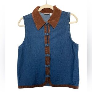 Vtg Sun River Denim Vest Suede Brown Collar Bohemian Western Cowgirl Medium